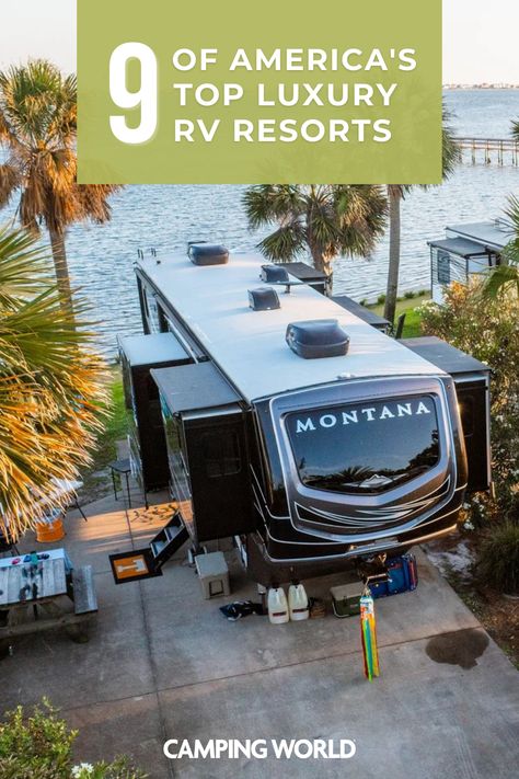 If luxury is your style, we've got you covered with some of the top highly-rated luxury RV resorts across the country. #campingworld #rvlife #rvresort #traveldestinations Rv Vacation Ideas, Best Rv Trips In Us, Campground Resort, Rv Camp Grounds, Montana Camping, Glamping Resorts Luxury Camping, Michigan Campgrounds, Hilton Head National Rv Resort, Boondocking Camping