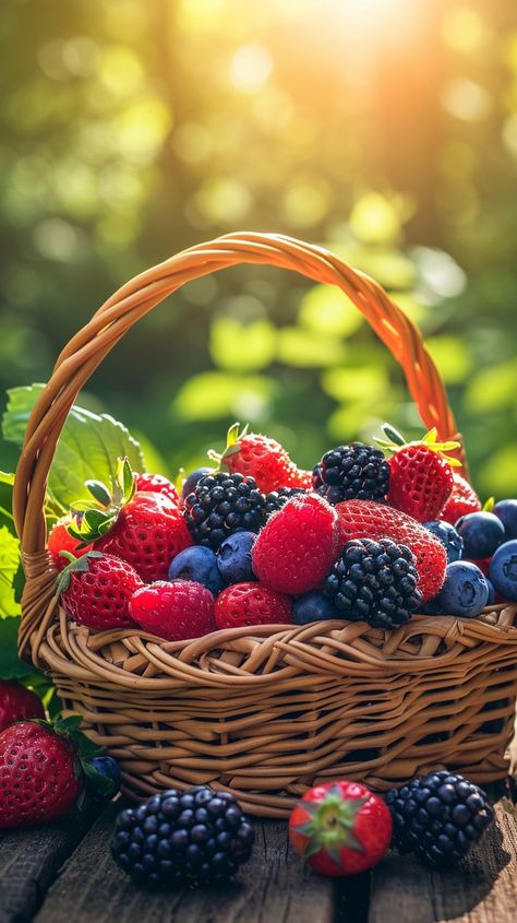 Sunlit Berry Basket: A wicker basket filled with an assortment of fresh berries sits in the warm sunlight. #berries #basket #sunlight #fresh #ripe #strawberries #blueberries #blackberries #aiart #aiphoto #stockcake https://ayr.app/l/roMv Basket Of Fruits Aesthetic, Basket Of Berries, Berries Photography, Fantasy Oc, Basket Of Fruit, Greetings For The Day, Berry Basket, Haircut Inspo, Forest Fruits