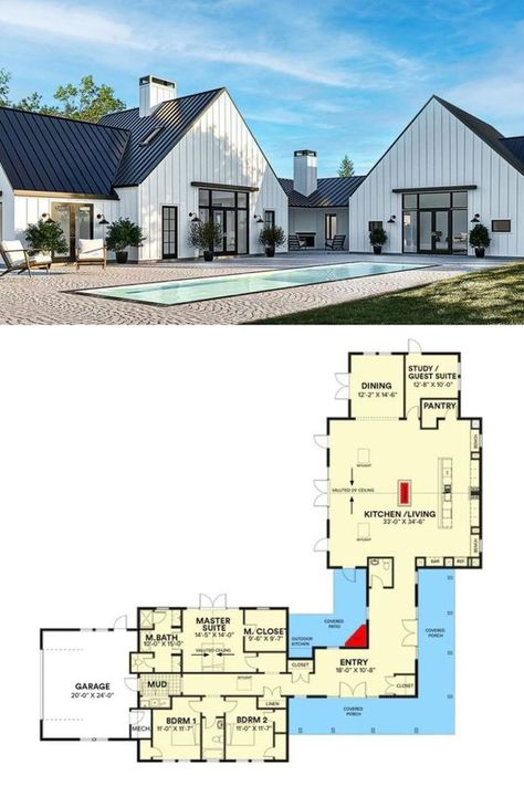 Barn Style House Plans, Country House Design, House Plans One Story, Barndominium Floor Plans, Casas The Sims 4, Sims House Plans, House Construction Plan, Casas Coloniales, Country House Plan