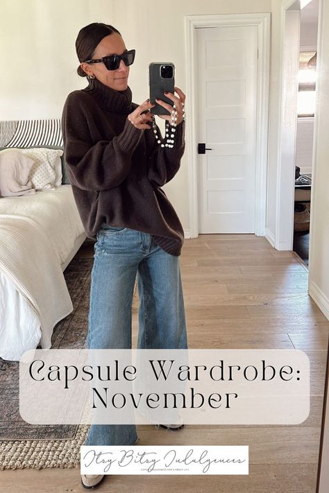 Ready to build a capsule wardrobe for November and December?  I just built upon October’s by taking away the majority of the short sleeve options and replaced them with long sleeve versions, added in another sweater dress, and layered in some cozy sweaters I’ve found myself wearing on repeat lately. When December comes, I’ll add in a coat or two and then that’s a pretty steady wardrobe for the next couple of months. Find these pieces here! Sweater Capsule Wardrobe, Basic Winter Outfits Casual, Winter Styling Outfits, Mockneck Sweater Outfit, School Pickup Outfit, Mountain Vacation Outfits, Cozy Winter Fits, Early Winter Outfits, Winter Minimalist Outfit