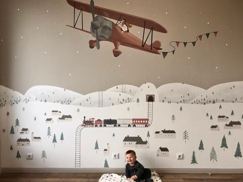 Travel by railway and plane by Darina Kids Room Murals, Kids Room Paint, Room Wall Painting, Murals For Kids, Baby Room Wall, Wall Murals Painted, Kids Room Wall, Kids Wall Murals, Kids Room Design