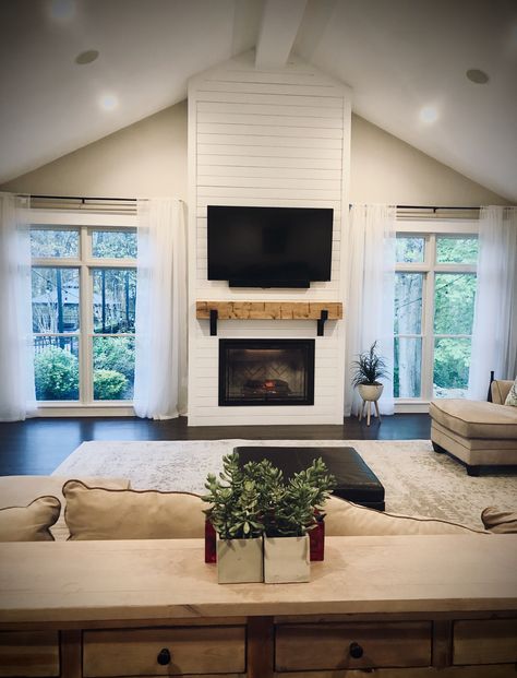 Living Room Addition, Family Room Addition, Living Room Ideas Farmhouse, Shiplap Fireplace, Fireplace Built Ins, Wood Beam, Fireplace Remodel, Home Addition, Room Additions