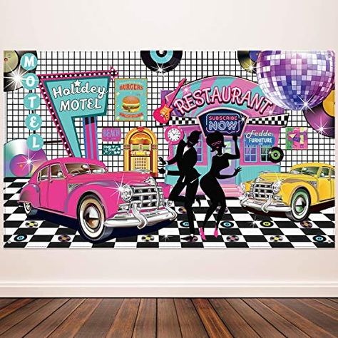 Amazon.com: 50's Theme Party Decorations Rock and Roll Party Backdrop Banner Classic 50s Backdrop Banner for 1950's Party Decorations, 72.8 x 43.3 Inch : Toys & Games 1950s Party Decorations, 50s Party Decorations, Diner Scene, Rock And Roll Party, 50s Theme Parties, 50s Photos, Yellow Cars, Checkered Floor, Motel Sign