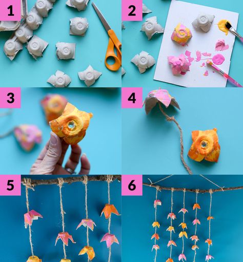 Kids Craft: Egg Carton Flower Garland | Kansas Living Magazine Egg Carton Mobile, Egg Carton Garland, Craft Egg Carton, Egg Carton Flowers, Mobiles For Kids, Preschool Garden, Cartoon Drawing Ideas Easy, Mobile Craft, Toilet Roll Craft