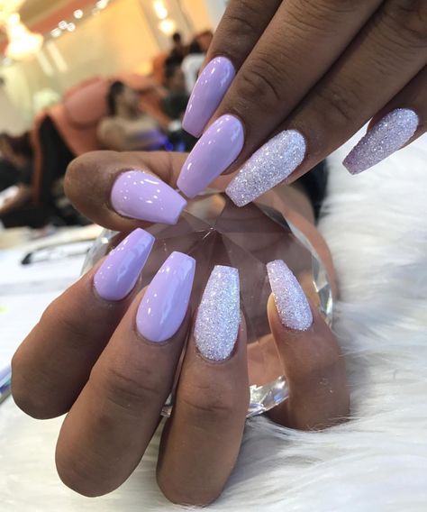 Wedding Nails Design Purple, Purple Nail Inspo Coffin, Light Purple Acrylic Nails Coffin Short, Simple Purple Gel Nails, Lavender White And Silver Nails, Light Purple Nails Medium Length, Purple Prom Nails Coffin, Nail Art With Rhinestones Simple, Nails To Go With Purple Prom Dress