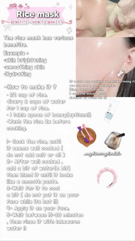 Glass skin, rice mask How To Make Korean Face Mask, Korean Rice Mask Recipe, How To Make A Rice Mask, Rice Face Mask Recipe, Rice Mask For Face Recipe, How To Make Rice Face Mask, Diy Korean Skincare Recipes, Korean Glow Up, Rice Mask Recipe