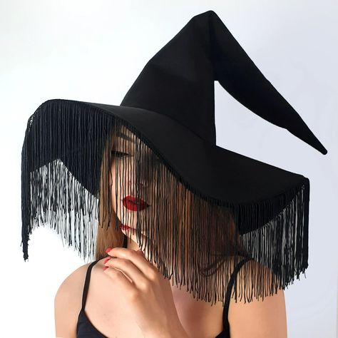 Halloween Witch Hat - Etsy Vintage Halloween Party, Carnaval Costume, Wizard Costume, Black Witch Hat, Wizard Hat, Halloween Witch Hat, Halloween Masquerade, Black Costume, Satin Noir