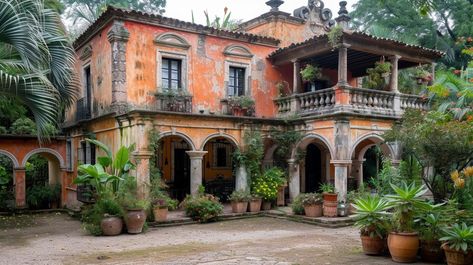 Mexico City House Exterior, Mexico City Houses, Old Spanish Style Homes Exterior, American House Aesthetic, Mexican Architecture Traditional, Mexican Villa House, Latin American Architecture, Magical Minecraft, Mexican House Exterior