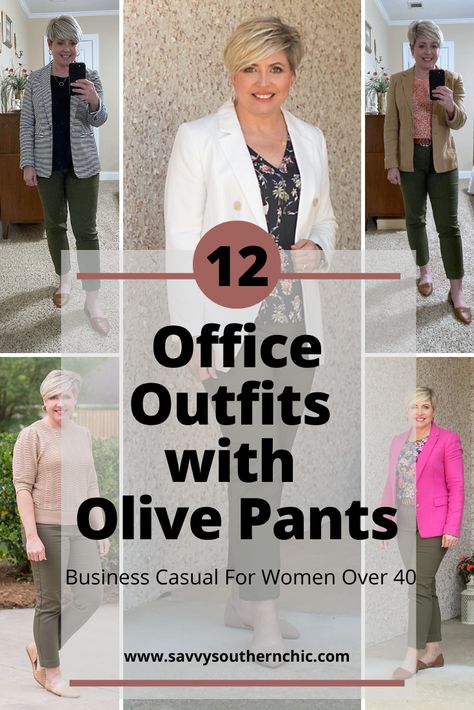 Olive green pants are a great neutral to have in your work wear. Here are 12 ways to style olive green pants outfits for the office. Olive Pants Outfit Women Work, Olive Crop Pants Outfit, How To Style Olive Green Pants Work, Work Outfit Olive Pants, Green Pants Business Casual Outfits, Olive Trousers Women, Olive Green Pixie Pants Outfit, Olive Utility Pants Outfit, Olive Green Pants Outfit Work Fall