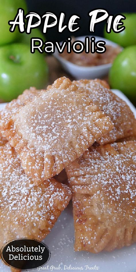 Closeup shot of apple pie raviolis stacked atop one another on white plate. Pecan Cobbler, Apple Desserts Easy, Homemade Apple Pie Filling, Apple Pie Bites, Mini Apple Pies, Blueberry Cream Cheese, Pecan Cake, Flaky Pie Crust, Homemade Apple Pies