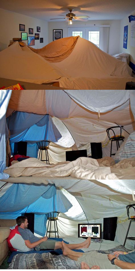 What college is all about:  BLANKET FORTS!!  Been up for almost three weeks now, takes up the entire living room. Indoor Forts, Diy Fort, Blanket Forts, Zimmer Diy, Indoor Camping, Blanket Fort, Build A Fort, Fun Sleepover Ideas, Sleepover Activities