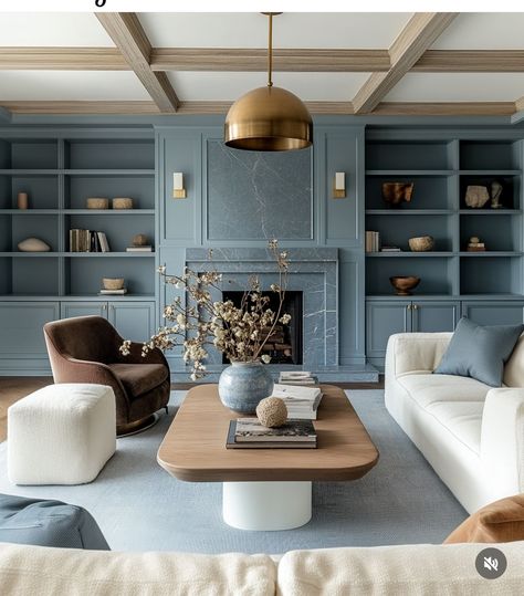 Light Blue Home Interior, Blue Living Room Built Ins, Modern Home With Color, Painted Fireplace And Built Ins, Transitional Blue Living Room, Chic Basement Ideas, East Coast Style Homes, Light Blue Fireplace, White Blue Interior Design