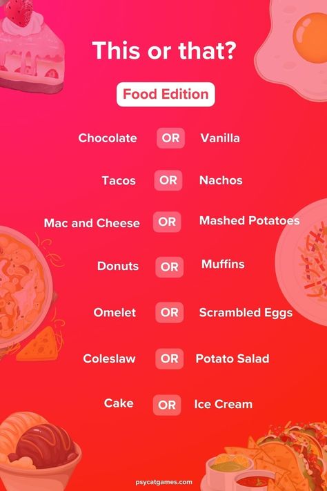 Our list of 90+ "This or That" food question offers you a choice between two delicious food options. Find out which dishes suit your tastes best, all while enjoying the fun and interactive format of the quiz. Favorite Foods List Questions, This Or That Questions Food, This Or That Food Questions, This Or That Food Edition, Food This Or That Questions, This Or That Food, This Or That, Food Questions, Drink Board