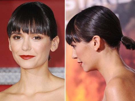 Nina Dobrev's Low Ponytail  | When you first chop your hair off into a bob, it might seem like you're limited on how you can style your new shorter cut. In reality, a bob is a versatile cut with endless styling options to choose from. Whether you want to wear your bob up or down, we've rounded up celebrity-approved ways to wear the trendy haircut. Bob In A Ponytail, Pony Hairstyles For Short Hair, Celebrity Bobs Hairstyles, Short Hair Ponytail, Celebrity Bobs, Short Ponytail, Pony Hairstyles, Straighten Iron, Chin Length Bob