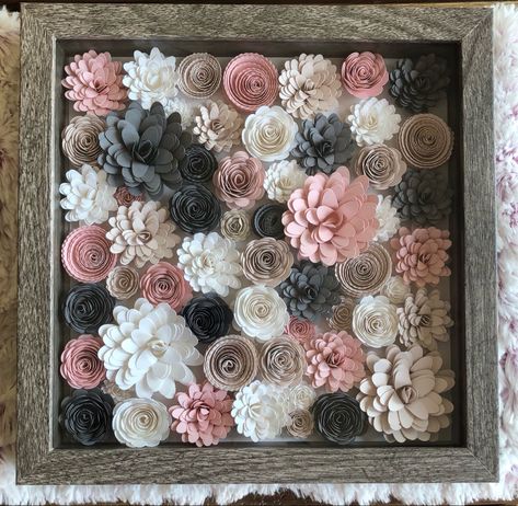 Paper Rolled Flowers, Cricut Flower Shadow Boxes Diy, Shadowbox Ideas Diy Flower, Paper Flower Frames, Shadow Box Paper Flowers, Paper Flowers In Frame, Rolled Paper Flower Projects, Cricut Paper Flowers Shadow Boxes, Cricut Flowers Projects