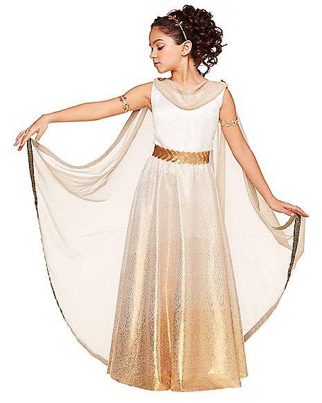 Kids Goddess Costume - The Signature Collection - Spirithalloween.com Athena Costume, Goddess Halloween Costume, Goddess Halloween, Greek Dress, Greek Costume, White Gold Dress, Greek Goddess Costume, Holloween Costume, Goddess Costume