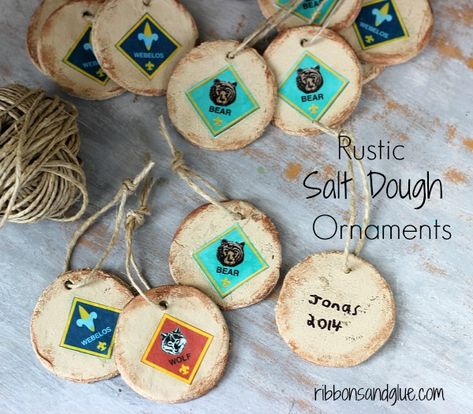 DIY Rustic Salt Dough Ornaments perfect, inexpensive gift for Cub Scouts. All you have to do is mod podge an image of rank on to ornament and have boys sign with a Sharpie Cub Scout Ornaments Diy, Scout Ornaments, Boy Scout Crafts, Blue And Gold Banquet, Cub Scout Crafts, Tiger Scouts, Cub Scouts Tiger, Scout Projects, Cub Scout Activities