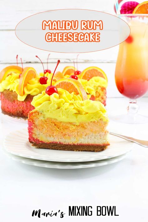 This Malibu Rum Cheesecake is colorful and bursting with the taste of summer. It's a great dessert to make for your friends and family. Alcoholic Cheesecake, Rum Cheesecake Recipe, Malibu Cake, Boozy Cheesecake, Rum Cheesecake, Rum Desserts, Ultimate Cheesecake, Peach Cheesecake, Baked Pineapple