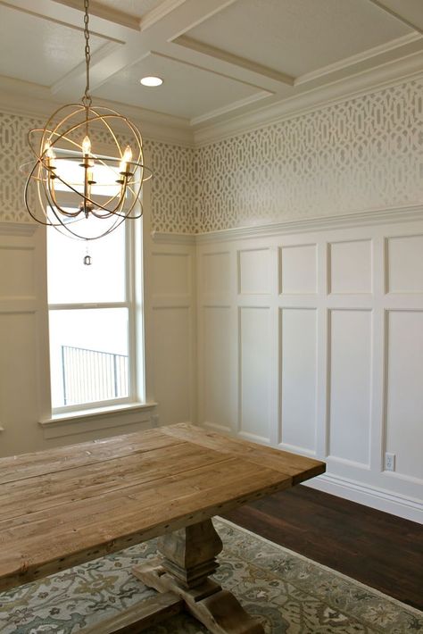 Sorry the posts have been few and far between as we have been in construction mode - but one room is complete!  We got the trim work all do... Wallpaper Wainscoting, Dining Room Transformation, Farm House Dining Room, Dining Room Wainscoting, Wainscoting Styles, Dining Room Remodel, Dining Room Wallpaper, Dining Room Inspiration, Farmhouse Dining Room