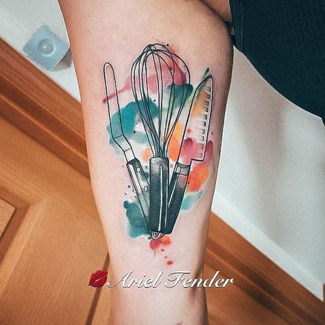 Cooking Tattoo Ideas For Women, Bakery Design Ideas, Whisk Tattoo, Pastry Tattoo, Baking Tattoo, Cooking Tattoo, Baker Tattoo, Food Tattoo, Watercolor Tattoo Artists