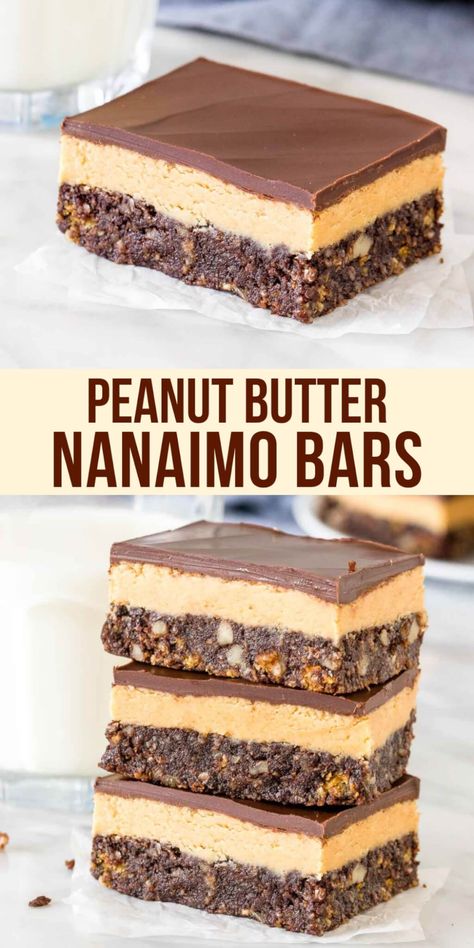 A twist on classic, Canadian Nanaimo bars - these peanut butter Nanaimo bars are perfect for anyone who loves peanut butter or finds the traditional version a little too sweet. I love to make these over the holidays, but they're delicious any time of year. #nanaimobars #peanutbutter #bars #nanaimos #nobake #canadian #classic #holidays from Just So Tasty Nanaimo Bar Recipe, Peanut Butter Rice Krispie Treats, Favorite Christmas Recipes, Nanaimo Bars, Square Recipes, Peanut Butter Filling, No Bake Bars, Peanut Butter Cup, Rice Krispie Treats