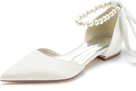 Wedding Shoe for Bride Pointed TOe Beaded Ankle Strap Multiple Colors Wedding Flats For Bride, Bride Flats, Pretty High Heels, Satin Wedding Shoes, Shoes For Bride, Wedding Shoes Low Heel, Wedding Shoes Comfortable, Bridal Flats, Bridal Shoes Flats