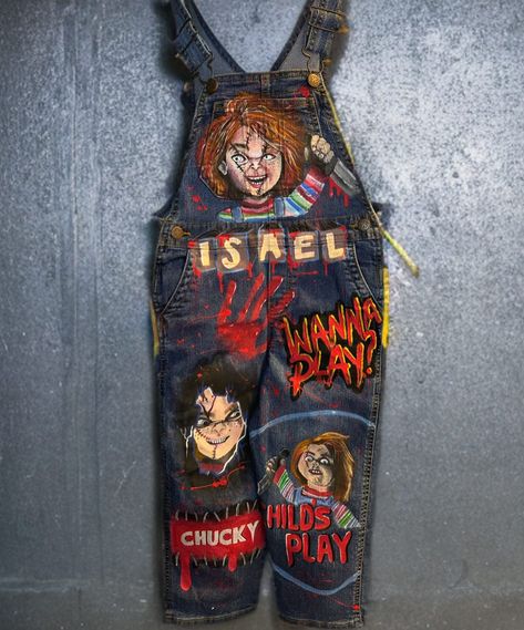 Chucky Themed Converse and Denim Overall🩸🔪✍️. . . . . . .s#horror #halloween #chucky #laalearte #imperialvalley #elcentroca #converse #oshkosh #custom #denim #trend #foryoupage #foryou #imperial #parati #hechoamano #arte #art Characters For Halloween, Custom Denim, Horror Halloween, Painted Jeans, Painted Clothes, Converse, Overalls, Hand Painted, Halloween