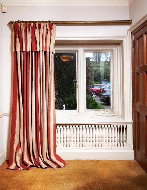 Red And Cream Curtains, Red And White Striped Curtains, Red Stripe Curtains, Maximalist Curtains, Red Curtains Bedroom, Hallway Curtains, Pinstripe Curtains, Blinds And Curtains Living Room, Ticking Stripe Curtains