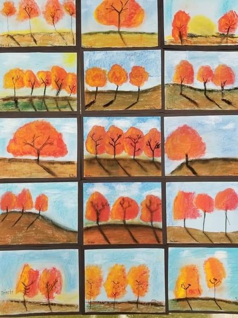 Fall Tree Landscape, Fall Landscape Elementary Art, Fall Chalk Pastel Art, Fall Chalk Pastel Art For Kids, Landscape Art Lessons Elementary, Chalk Pastel Elementary Art, Fall Art 2nd Grade, 2nd Grade Art Projects Fall, Elementary Art Projects Fall