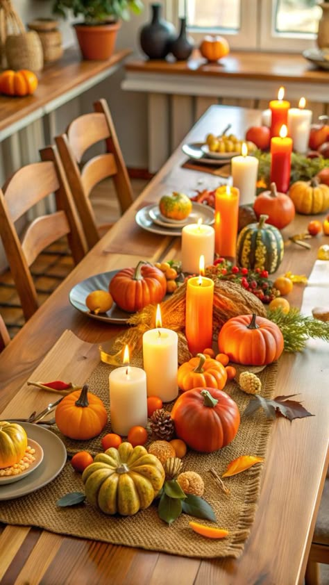 A festive dining room with a harvest-themed table runner, mini pumpkins, and orange candles for fall decor. #FallDiningRoom #HarvestDecor #MiniPumpkins #TableRunner #AutumnCandles Thanksgiving Fall Table Decor, Fall Table Set Up, Autumn Dining Table, Autumn Theme Party, Themed Dinner Party Ideas, Table Decorations Fall, Autumn Table Settings, Easy Thanksgiving Decorations, Harvest Table Decor