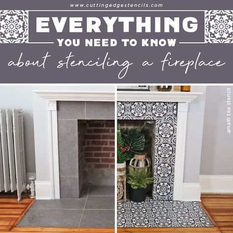 Paint Fireplace Tile, Tile Around Fireplace, Hearth Tiles, Furniture Stencil, Fireplace Redo, Diy Fireplace Makeover, Fireplace Update, Paint Fireplace, Painting Stencils