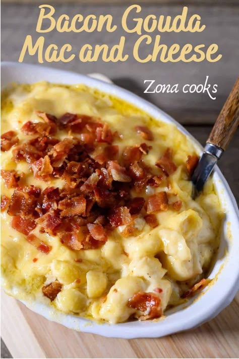 Bacon Gouda Mac and Cheese is delicious, quick and easy, ready in about 40 minutes. This recipe is loaded with your favorite shaped pasta or macaroni, smoked gouda cheese, white cheddar cheese, seasonings, and topped with crisp crumbled bacon. Bacon Gouda Mac And Cheese, Dinner Mac And Cheese, Mac And Cheese Gouda, 5 Cheese Ziti, Gouda Mac And Cheese Recipe, Mac And Cheese Chicken, Bacon Mac And Cheese Recipe, Gouda Cheese Recipes, Bacon Mac N Cheese