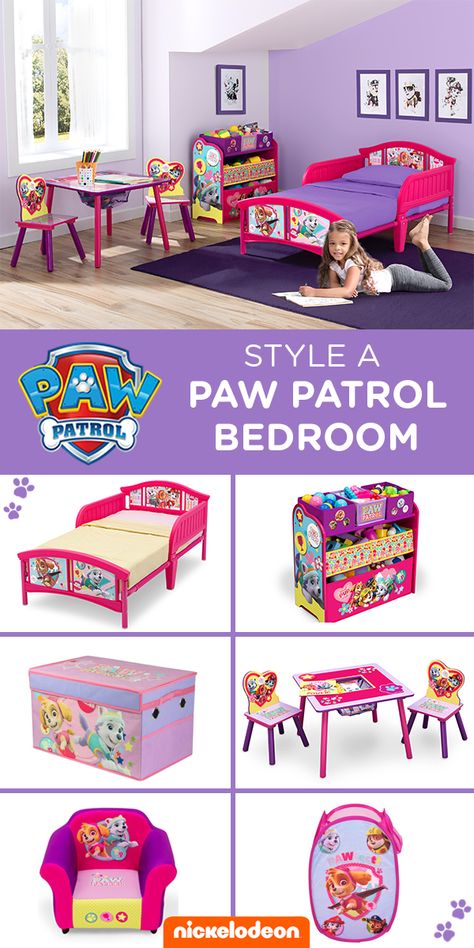 Transform your toddler’s bedroom with the PAW Patrol Skye and Everest Plastic Toddler Bedroom Collection at Walmart! The pup-inspired pieces include a toddler bed, a table and chair set with storage, multi-bin toy organizer, and more! Click for more details. Paw Patrol Storage Ideas, Paw Patrol Bedroom Ideas Girl, Paw Patrol Bedroom Ideas, Paw Patrol Room Decor, Paw Patrol Bedroom Decor, Paw Patrol Bedroom, Paw Patrol Room, Paw Patrol Stickers, Paw Patrol Bedding