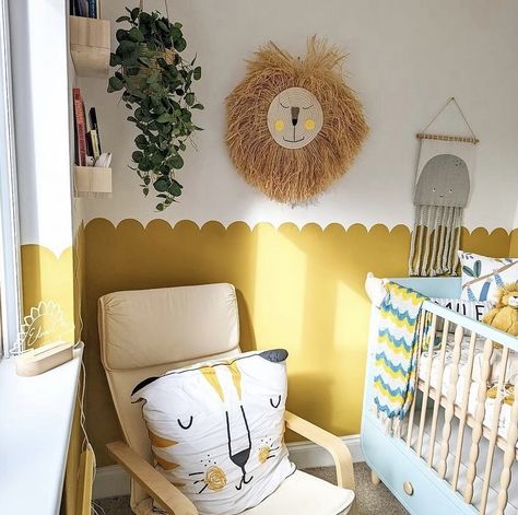 Mustard Yellow Playroom, Yellow Scalloped Wall, Yellow Toddler Room Girl, Yellow Childrens Bedroom, Yellow Toddler Room, Colourful Nursery Ideas, Yellow Nursery Ideas, Yellow Kids Room, Mustard Nursery