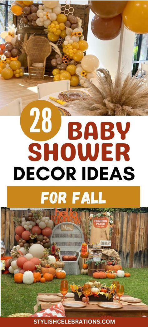 28 Baby Shower Ideas For Fall & Thanksgiving Fall Theme Gender Reveal Centerpieces, Thanksgiving Baby Shower Theme, Baby Shower Ideas November, Thanksgiving Baby Shower Ideas, Baby Shower Decorating Ideas, Bail Of Hay, November Baby Shower, Baby Shower Theme Ideas, Thanksgiving Baby Shower