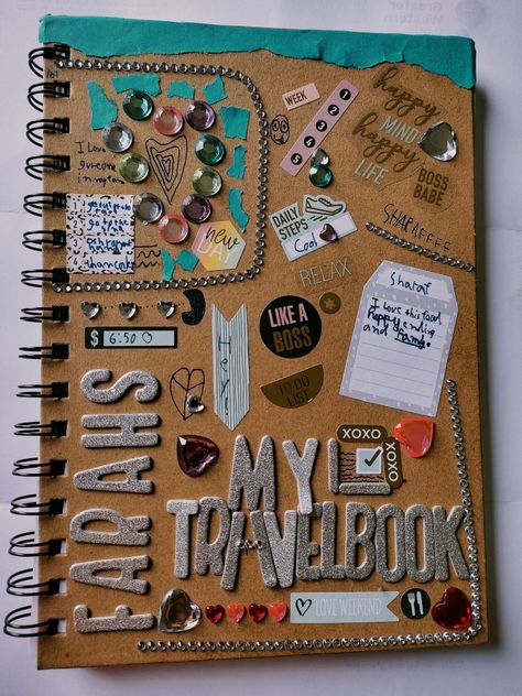 Travel Journal cover ideas Travel Brochure Design Creative Handmade, Visual Journal Cover Ideas, Travel Journal Cover Ideas, Handmade Diary Cover Ideas, Scrapbook Ideas Front Cover, Bff Scrapbook, Concert Journal, Concert Scrapbook, Journal Cover Ideas