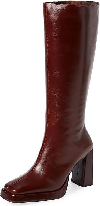 cherry colored, boots, chunky boots, fall fashion, fall, fall clothing, affordable fashion, affordable shoes, affordable boots, minimalist, fall aesthetic, knee high boots, basics, shoes, fashion, brown boots, amazon finds 70s Gogo Boots, High Boots For Women, Burgundy Boots, Affordable Shoes, Leather Knee High Boots, Dress 70s, Boots Square Toe, Gogo Boots, Chunky Block Heels