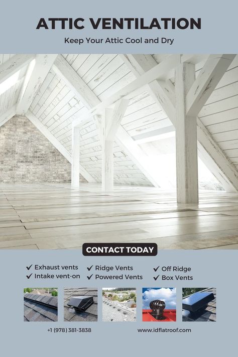 Our attic ventilation systems are designed to keep your attic cool and dry, even in the hottest weather. They also help to prevent mold, mildew, and pests from taking hold. Contact ID Flat Roof today to schedule a free consultation and learn more about our attic ventilation systems! #atticventilation #boston #homeimprovement #newengland #energyefficiency Attic Ventilation, Exhaust Vent, Roof Vents, Roof Types, Ventilation System, Flat Roof, What Type, Free Consultation, Energy Efficiency