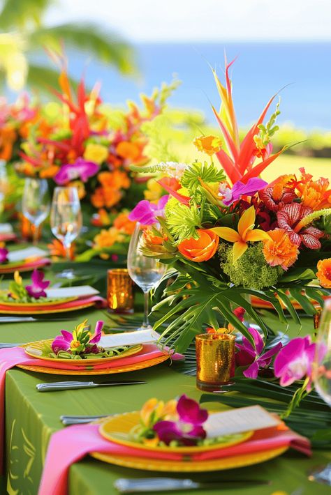 Tropical Brunch Decor, Carribean Decorations Party, Luau Wedding Ideas, Tropical Decorations Party, Tropical Wedding Decor Reception Ideas, Tropical Wedding Theme Decor, Tropical Wedding Palette, Wedding Decorations Tropical, Tropical Wedding Theme Elegant