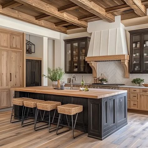 Kitchens With Wood Ceilings And Floors, Kitchens With Wood Ceilings, Wooden Beams In Kitchen, Wood Ceilings Kitchen, Wood Beams In Kitchen, Beam In Kitchen, 2024 Interior Design Trends, Remodeled Kitchens, Dark Brown Floor