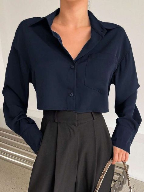 DAZY Solid Button Front Crop Shirt | SHEIN USA Croptop Polo Outfit, Navy Blue Outfit, Corporate Shirts, Dark Blue Shirt, Polo Outfit, Blue Outfit, Pocket Shirt, Colourful Outfits, Crop Shirt