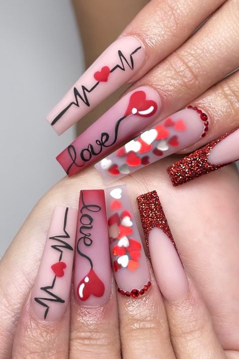 Valentines Nails Sparkle Glitter, Valentine’s Day Nails Acrylic Red, French Ombre Valentines Nails, Red French Tip Valentines Day Nails, Valentines Nails Coffin Medium, Black Red Valentines Nails, Rose Gold Valentines Day Nails, Valentine’s Day Nails Long, Valentines Day Nails Coffin Shape