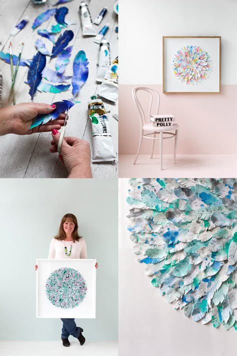 Mondocherry, an Australian design team of 2 sisters, create fabulous collages using feathers and flowers of painted paper. Via decor8 blog. Cuadros Diy, Paper Feathers, 강아지 그림, Feather Crafts, Feather Art, Painted Paper, Diy Canvas, Diy Wall Art, Art Journals