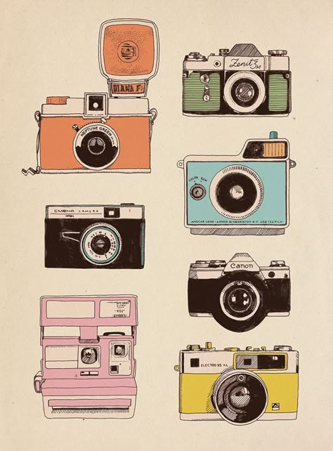 Camera Illustration, Camera Collection, Camera Drawing, طابع بريدي, Camera Art, Retro Camera, Scrapbook Stickers Printable, Bullet Journal Stickers, Illustration Inspiration