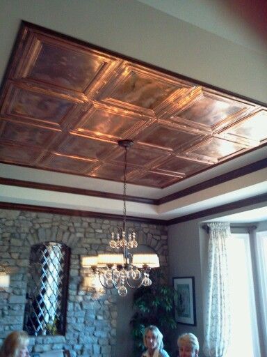 Celing in the dinning room were copper tiles - loved it! Copper Ceiling Kitchen, Pressed Tin Ceiling Kitchen, Rusty Tin Ceiling, Boat Ceiling, Copper Tin Ceiling Kitchen, Tin Ceiling Kitchen, Cooper Ceiling Tiles, Gold Tin Ceiling Tiles, Copper Ceiling Tiles