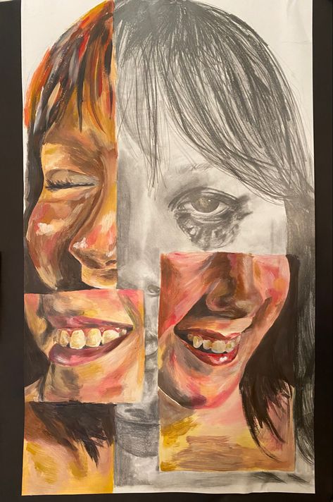 Fractured Portrait Art, Mental Health Artists Gcse, Distorted Illustration, Fragmentation Art, Mixed Media Self Portrait, Metaphor Art, Fragment Art, A Level Art Themes, Gcse Art Book