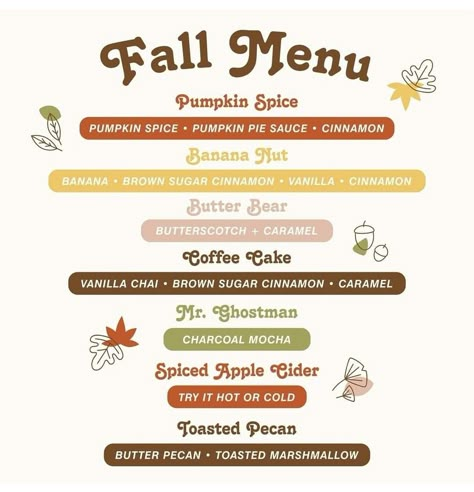 Fall Themed Coffee Drinks, Fall Coffee Menu Ideas, November Coffee Specials, Herbalife Coffee, Espresso Ideas, Autumn Coffee Shop, Lotus Drink Ideas, Coffee Specials, Lotus Recipes