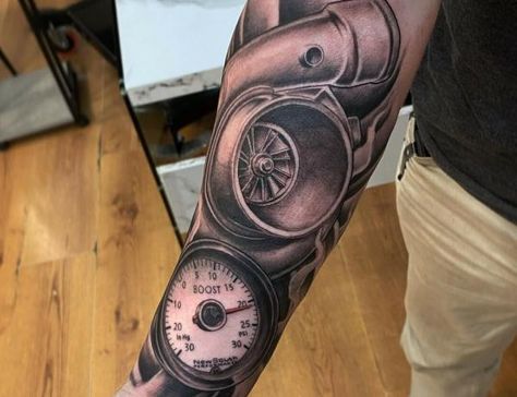 Turbocharger and pressure gauge Diesel Mechanics Tattoo, Turbo Tattoo, Diesel Tattoo, Mechanical Sleeve Tattoo, Gear Tattoo, Shoulder Blade Tattoo, Mechanic Tattoo, Diesel Mechanics, Wicked Tattoos