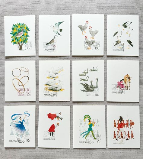 Button Christmas Cards, Folded Christmas Cards, Note Card Gifts, Twelve Days Of Christmas, Christmas Card Set, Christmas Stamps, Holiday Greeting, Holiday Greeting Cards, Vintage Greeting Cards