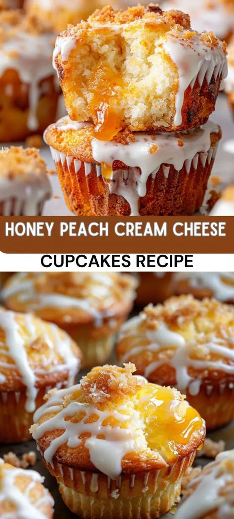 Honey Peach Cream Cheese Cupcakes Peach Frosting, Peaches Cream Cheese, Boston Cream Pie Cupcakes, Cream Filled Cupcakes, Peach Cupcakes, Fruity Dessert, Cream Cheese Cupcakes, Cupcakes Filled, Cream Cheese Muffins